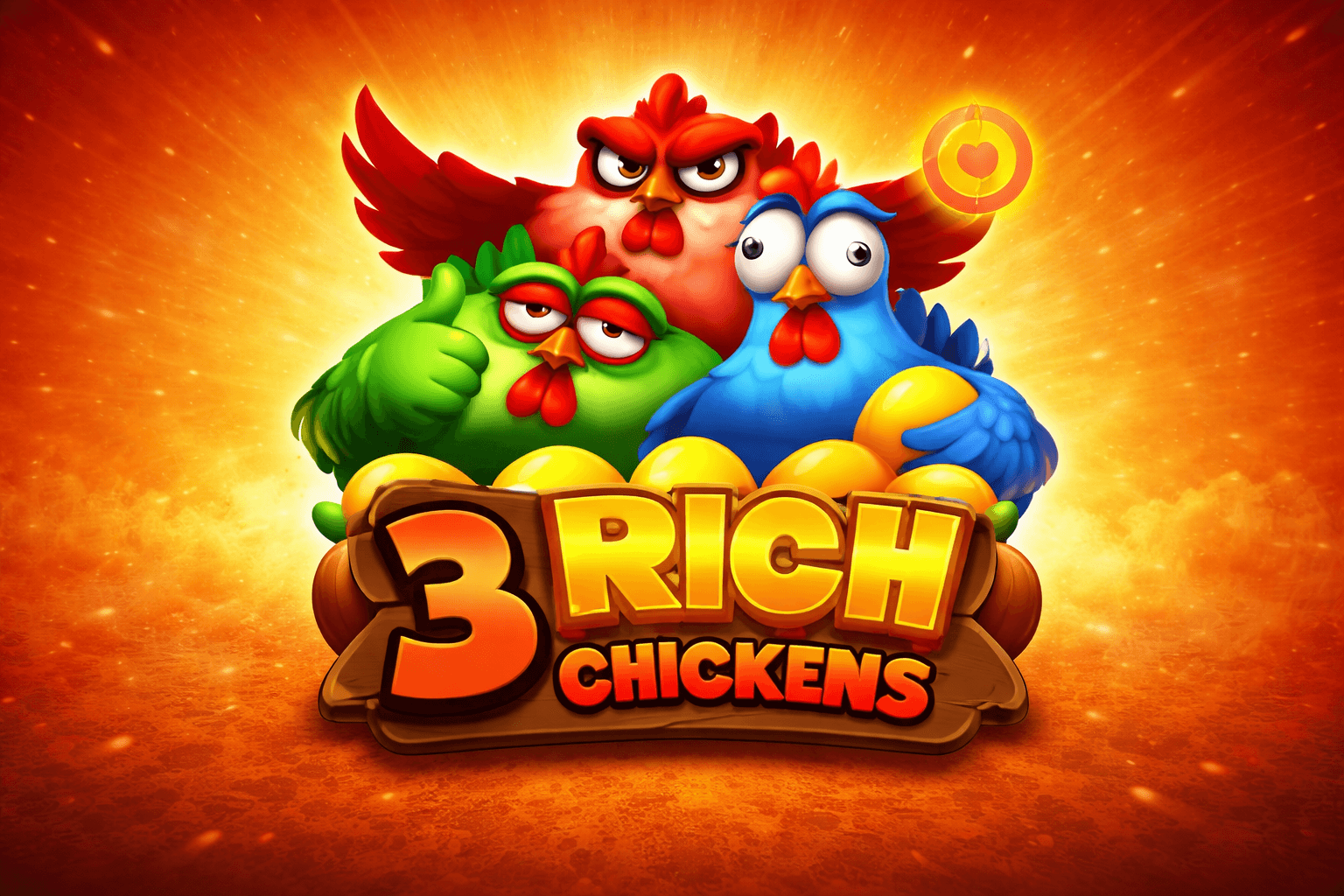 Three colorful cartoon chickens—red, green, and blue—surrounded by golden eggs with the text "3 Rich Chickens" in bold letters on a bright orange background.
