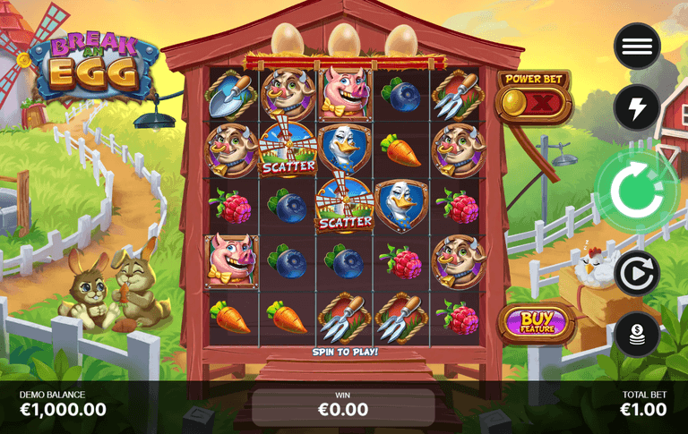 Colorful farm-themed slot machine game screen titled "Break an Egg" featuring animated animal symbols, fruits, and garden tools on a wooden barn backdrop with a demo balance of €1,000.00 and a total bet of €1.00.