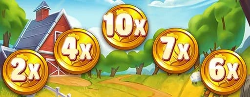 Coins with multipliers 2x, 4x, 10x, 7x, and 6x displayed in front of a farm scene with a barn, trees, and a sheep.