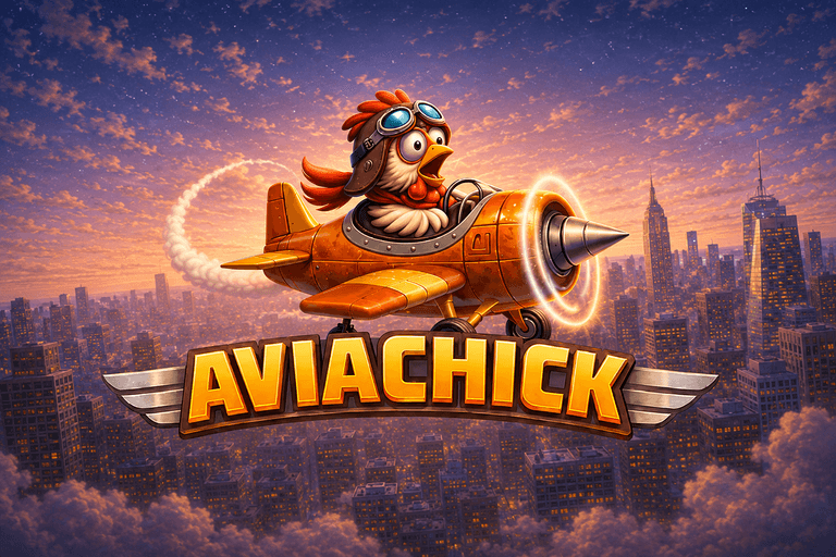 A cartoon chicken wearing aviator goggles flying an orange propeller airplane above a city skyline at sunset, with the word "AVIACHICK" in bold yellow letters below.