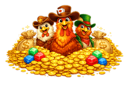 Three cartoon chickens dressed as cowboys and a leprechaun stand behind piles of gold coins, colorful gems, and money bags, all smiling cheerfully. The scene is bright and vibrant, with a warm, golden background.