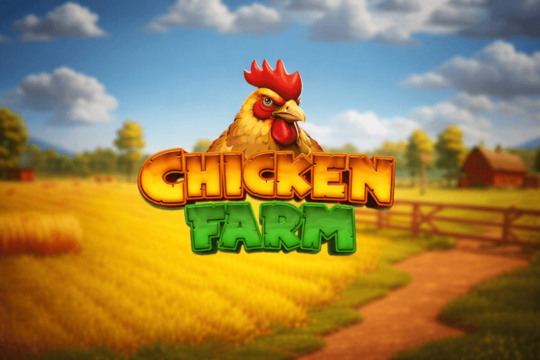 A vibrant cartoon chicken with a red comb and wattles is centered above bold, colorful text reading "CHICKEN FARM" against a blurred rural farm background with golden fields, trees, and a wooden fence.