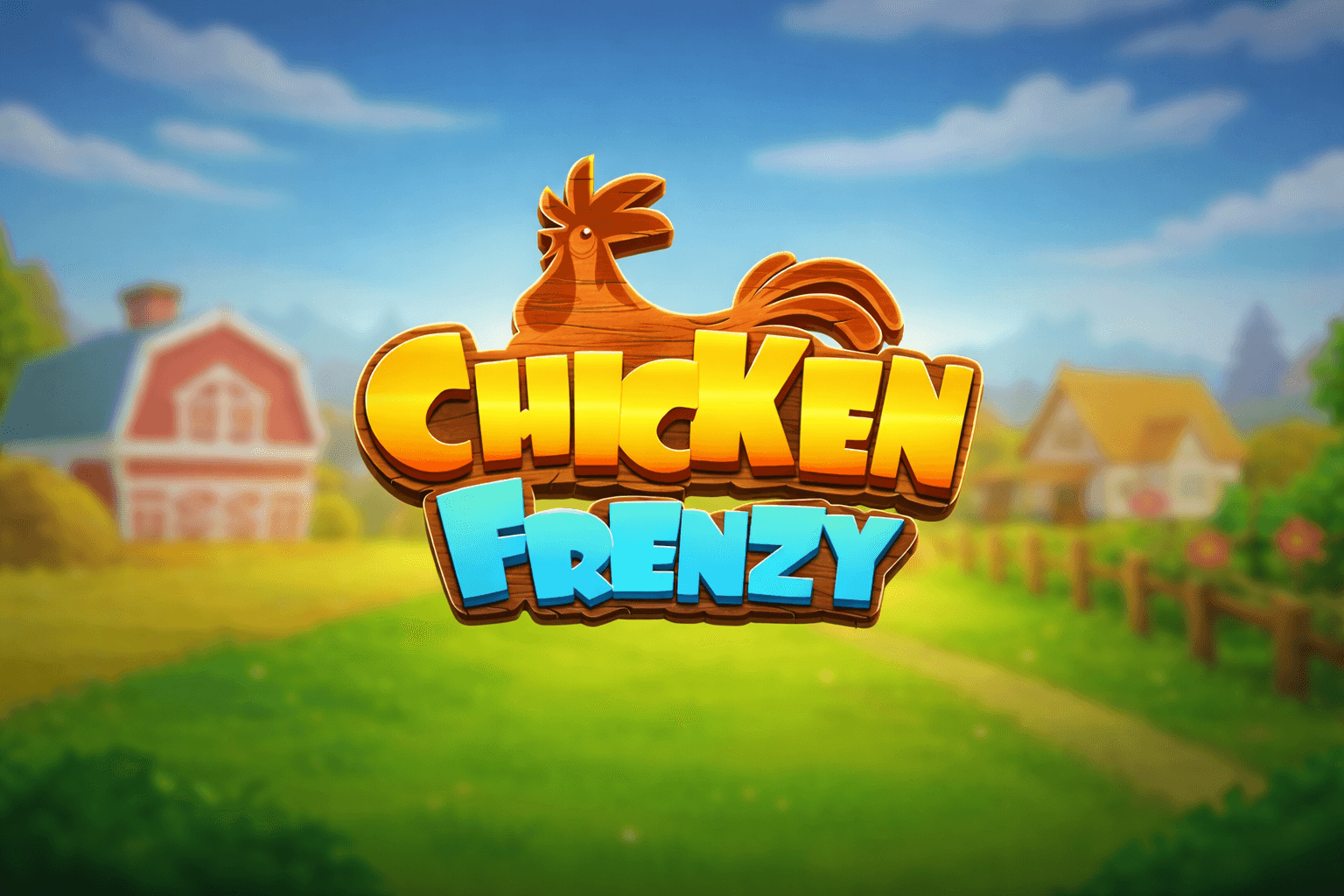 Colorful logo for the game "Chicken Frenzy" featuring bold yellow and blue text with a wooden chicken silhouette above, set against a blurred farm background with houses and greenery.
