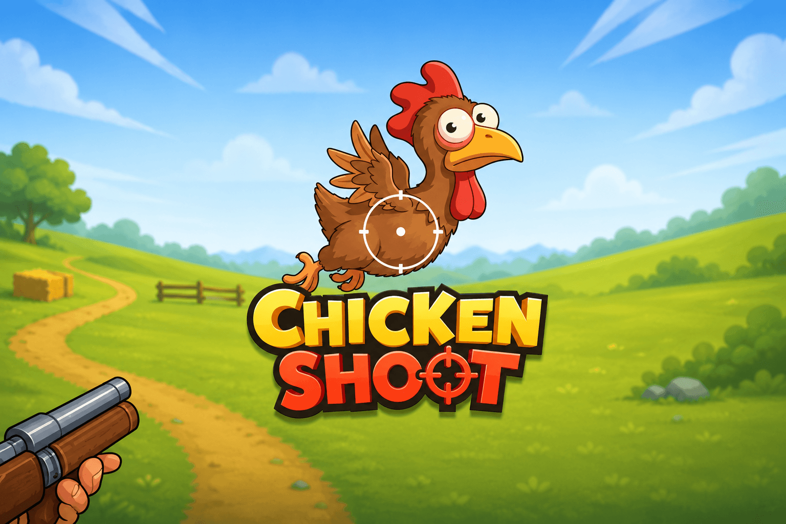 Cartoon chicken with wide eyes in crosshairs above the colorful text "Chicken Shoot" on a sunny countryside background with a hand holding a shotgun in the bottom left corner.