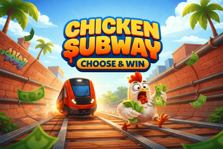 A cartoon chicken holding money runs on train tracks with a red subway train approaching, under the bold text "Chicken Subway Choose & Win" against a bright sky with palm trees and graffiti on brick walls.