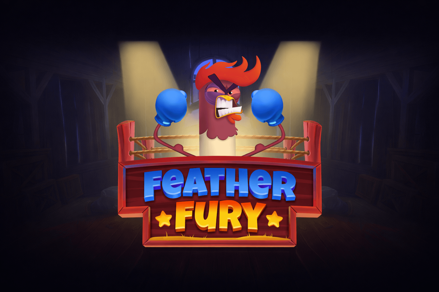 A cartoon rooster with red hair and blue boxing gloves stands in a boxing ring with spotlights shining down, above a sign that reads "Feather Fury" in bold blue and yellow letters.