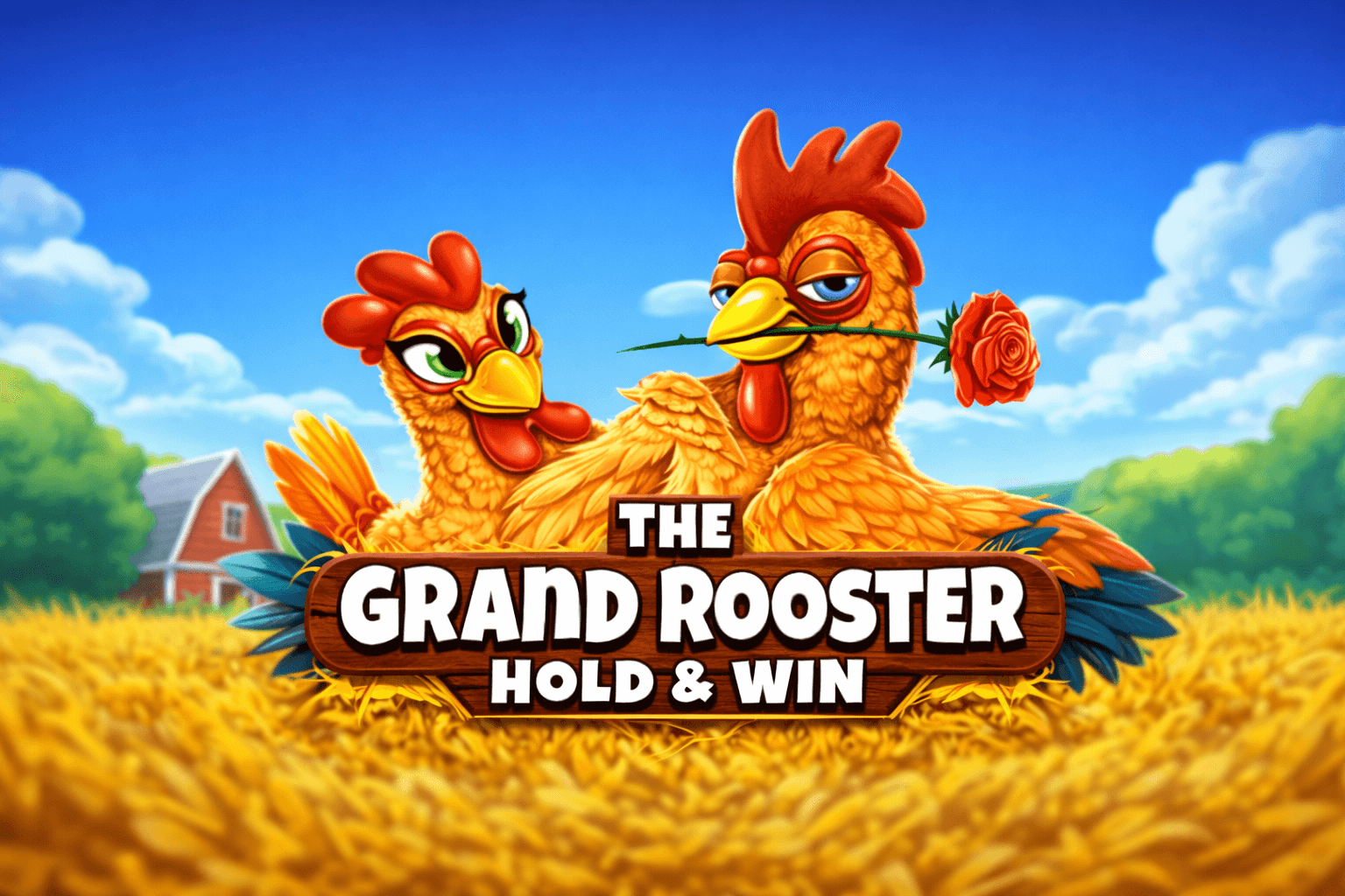 Two cartoon chickens, one holding a rose in its beak, are set against a bright blue sky and golden field with a barn in the background, with the text "The Grand Rooster Hold & Win" displayed prominently in front.