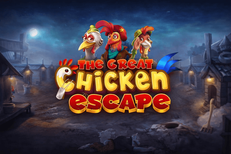 Logo for "The Great Chicken Escape" game featuring three animated chickens with distinct hats against a nighttime farmyard background.