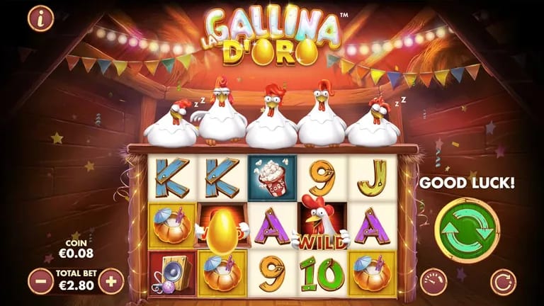 Slot machine game screen titled "La Gallina d'Oro" featuring cartoon chickens and various symbols like popcorn, pumpkins, and playing card icons, with a "Good Luck!" message and betting information displayed.