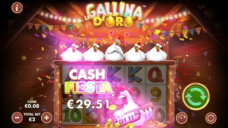 La Gallina D'Oro slot game screen showing five cartoon chickens on a wooden stage with confetti, a glowing "CASH FIESTA" win message, and a total win of €29.51 displayed.