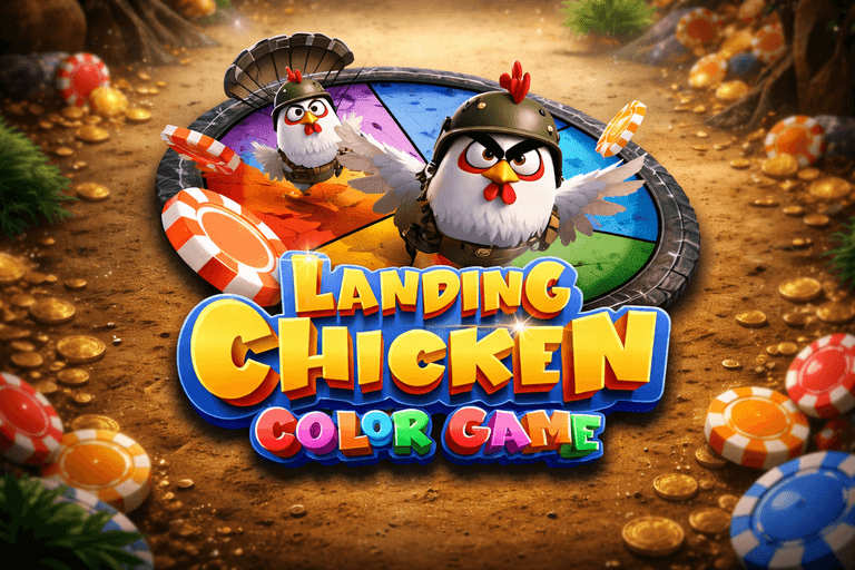 Two animated chickens wearing helmets and armor stand on a colorful segmented wheel surrounded by poker chips and gold coins, with the text "Landing Chicken Color Game" prominently displayed in bold, vibrant letters.