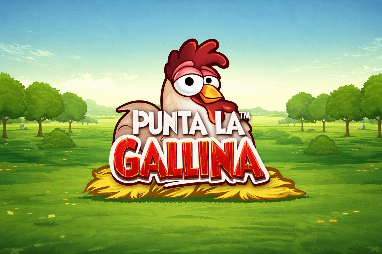Cartoon chicken with large eyes standing on a nest of hay in a green field with trees under a blue sky, with the text "Punta La Gallina" prominently displayed in front.