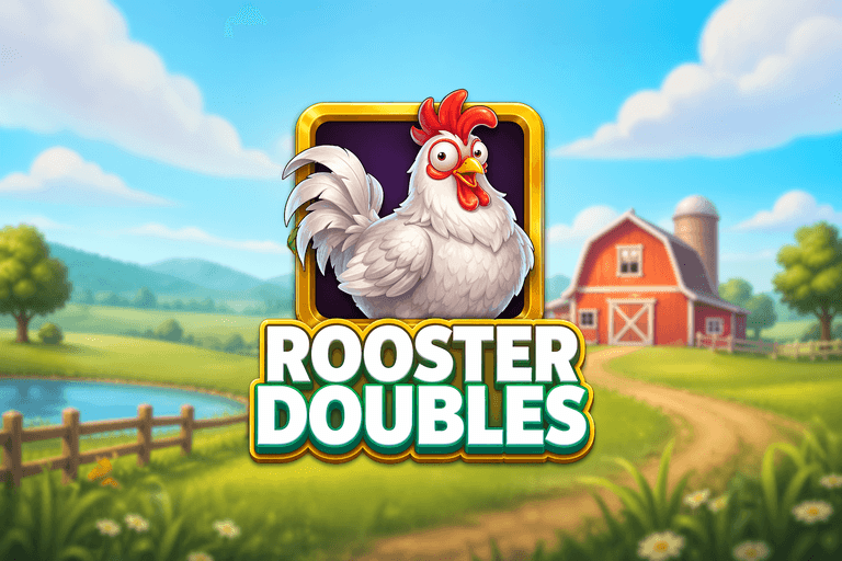A cartoon white rooster with a red comb and wattle is centered above the bold text "ROOSTER DOUBLES" against a bright farm background featuring a red barn, a pond, trees, and a dirt path.