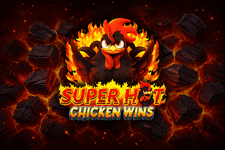 A fiery cartoon chicken with an intense expression surrounded by flames, with the bold text "SUPER HOT CHICKEN WINS" below it against a background of glowing lava and dark rocks.