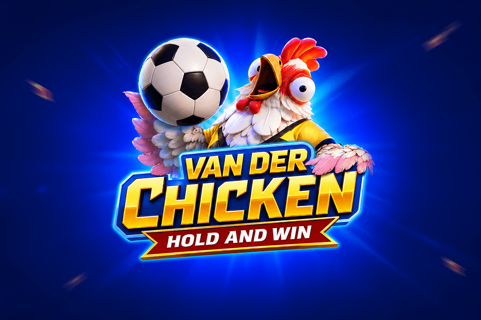 A cartoon chicken holding a soccer ball with the text "Van Der Chicken Hold and Win" in bold yellow and white letters on a blue background.