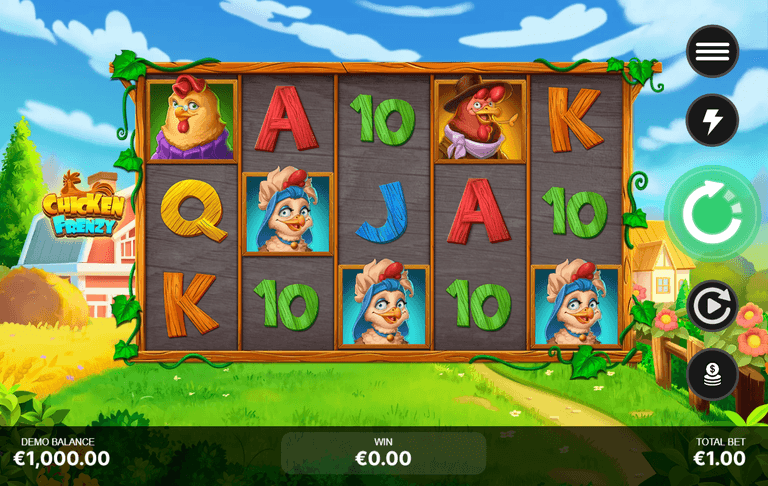 Colorful Chicken Frenzy slot game interface showing various chicken characters and card symbols on a wooden frame with a farm background, including demo balance, win amount, and total bet displayed at the bottom.