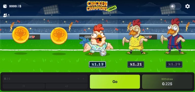 A colorful animated soccer game screen from Chicken Champions Demo showing three chickens in different jerseys with odds displayed, two gold trophy coins, and a control panel with a "Go" button and a withdraw amount of 0.22$.