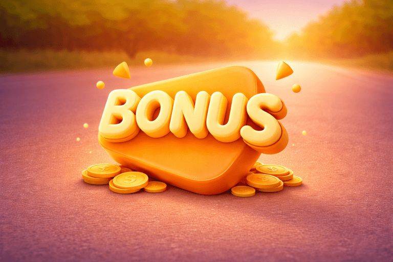 3D illustration of the word "BONUS" in bold yellow letters on an orange play button shape, surrounded by gold coins with dollar signs, set against a blurred outdoor background with warm sunlight.