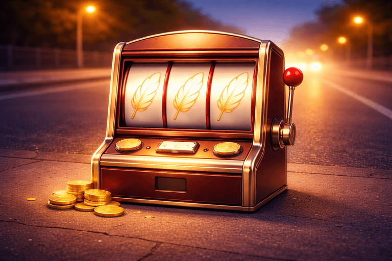 A vintage slot machine with three golden feather symbols lined up on the reels, placed on a street pavement with scattered gold coins beside it, illuminated by warm streetlights at dusk.