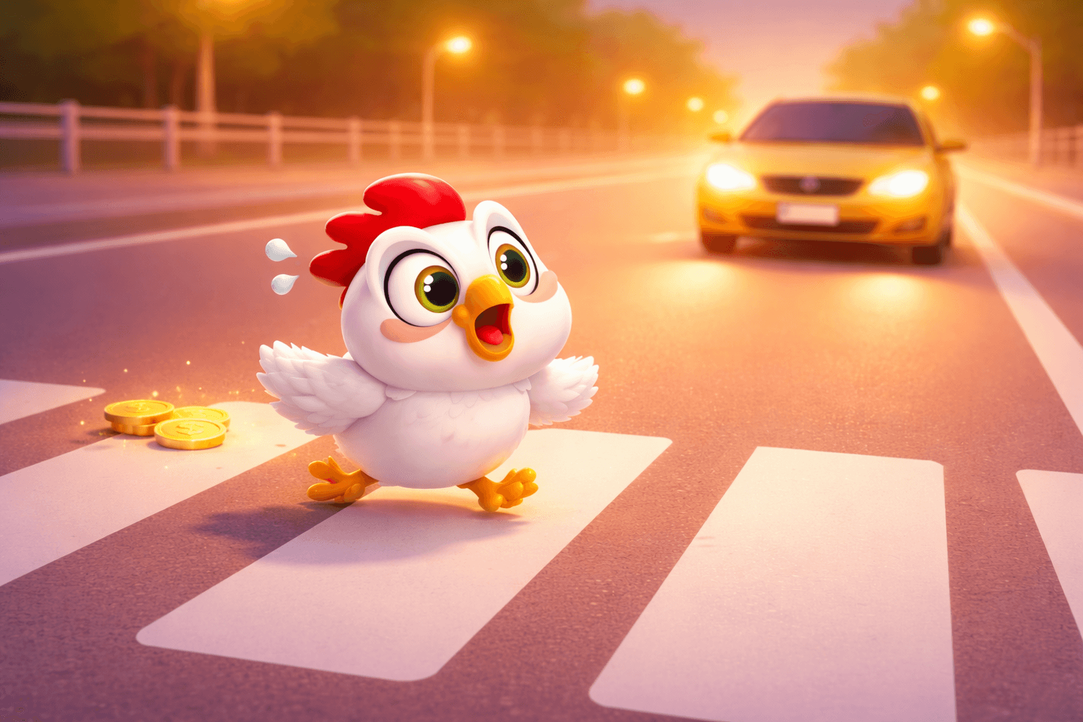 A cartoon chicken with wide eyes and an open beak is crossing a street at a pedestrian crosswalk, looking startled as a yellow car with headlights on approaches in the background. Two gold coins are on the ground near the chicken.