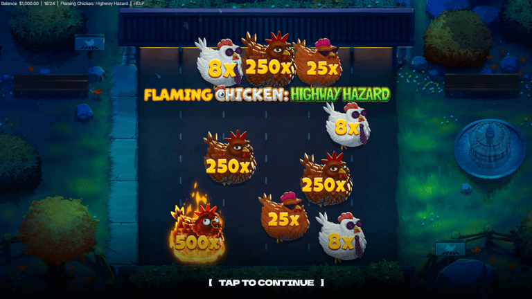 Flaming Chicken: Highway Hazard game screen showing various chickens with multipliers ranging from 8x to 500x on a dark road background with trees and benches. Tap to continue prompt is displayed at the bottom.